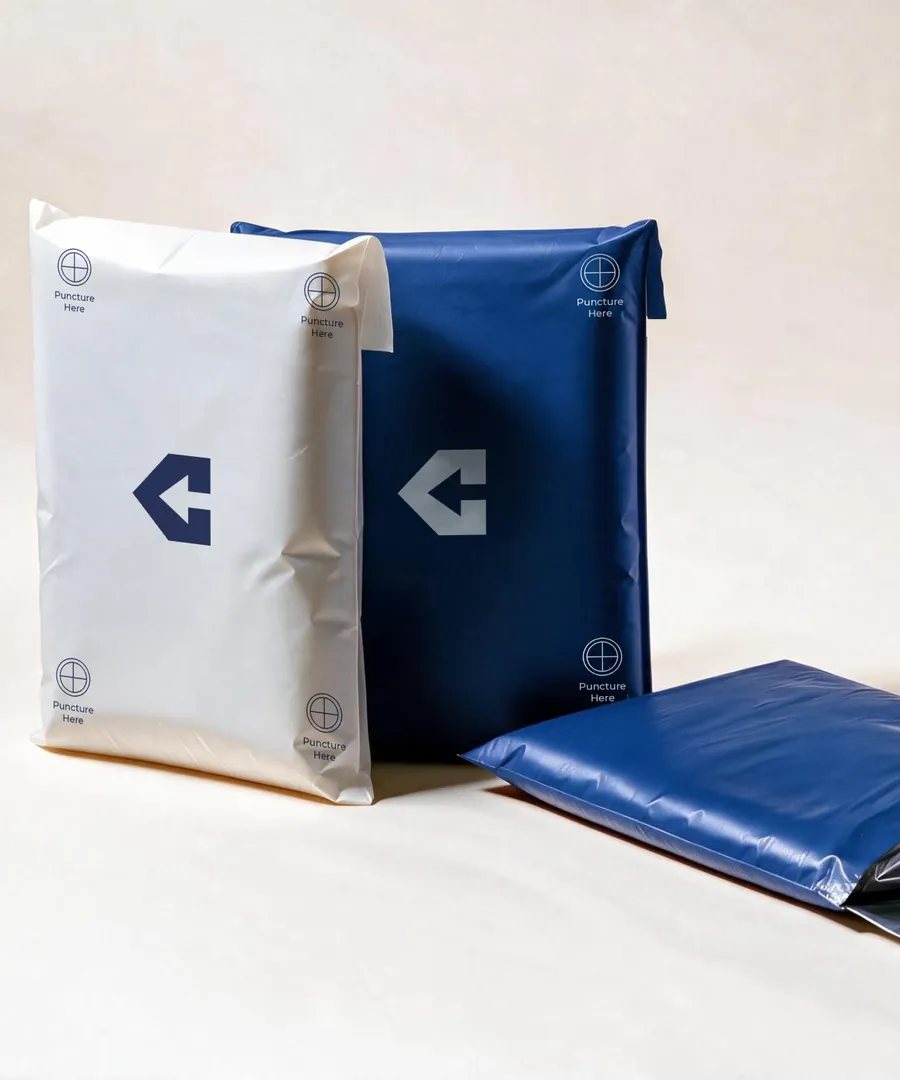 CentiPack mailers on a cream ground — a white and a navy PuncturePack marked "Puncture here", a navy insulated mailer lying open to show its silver lining, and three insulated mailers in navy, white and silver standing in a row.