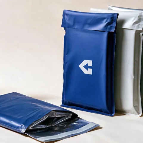 A navy insulated mailer printed with the CentiPack arrow standing beside white and silver mailers, with a second navy mailer lying open in front to show its silver lining.
