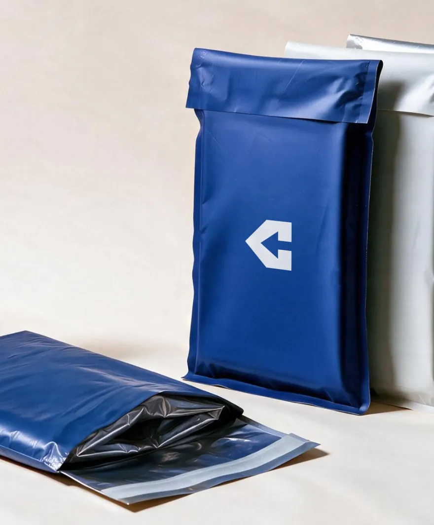 A navy insulated mailer printed with the CentiPack arrow standing in front of white and silver mailers, with a second navy mailer lying open in the foreground to show its silver lining.