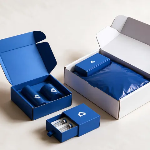 An open blue mailer box holding two navy jars, a blue slide-out drawer box showing two glass vials, and a white mailer box packed with blue tissue and a small branded blue box.