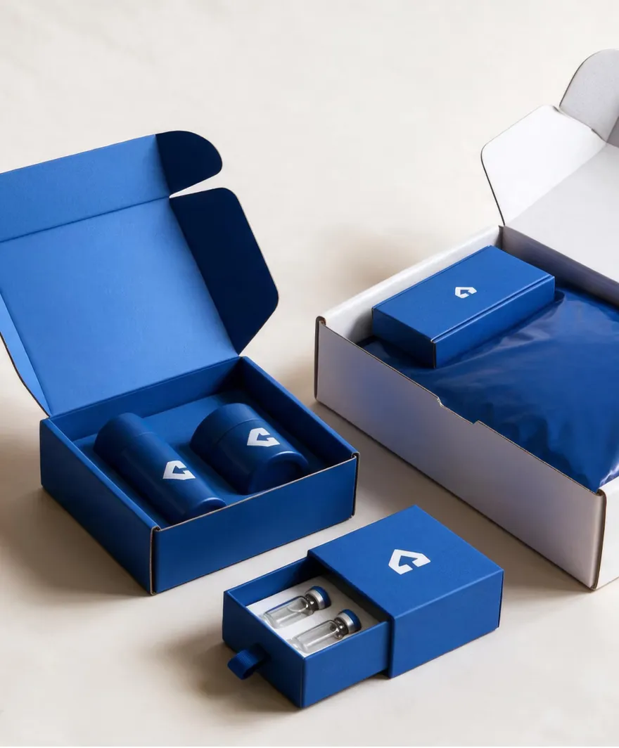 An open blue mailer box holding two navy containers, a blue drawer box slid open on two glass vials, and a white mailer box packed with a branded blue box and blue tissue.