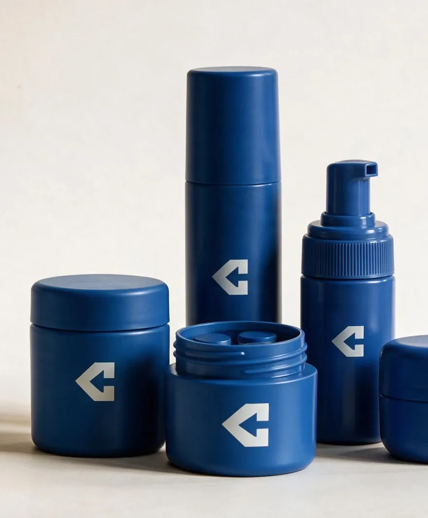 Navy CentiPack jars, a tall dispenser and a pump bottle grouped together, with one jar open to show its threaded neck and the inserts inside it.