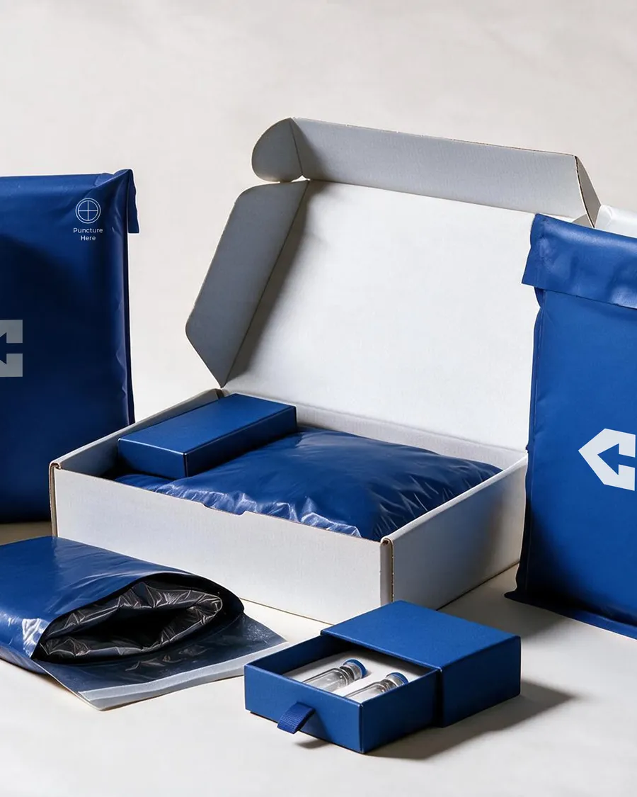 The CentiPack range laid out together: a white and a navy PuncturePack marked "Puncture here"; a navy mailer box open on two containers; a navy insulated mailer lying open to show its silver lining; an open white shipper holding a navy box and a navy mailer; a navy drawer box slid open on two glass vials; and three insulated mailers in navy, white and silver standing in a row.