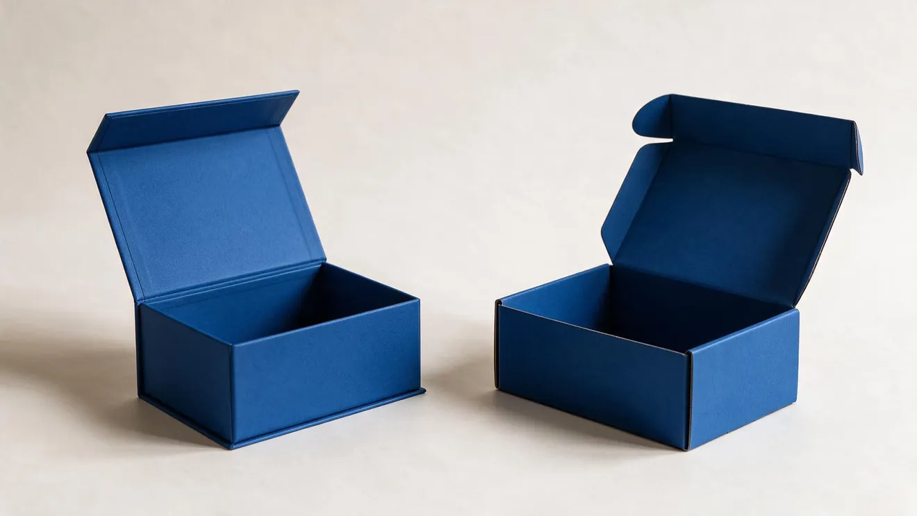 A rigid magnetic-closure box standing open beside a flat-shipped folding mailer, both in blue, on a cream ground.