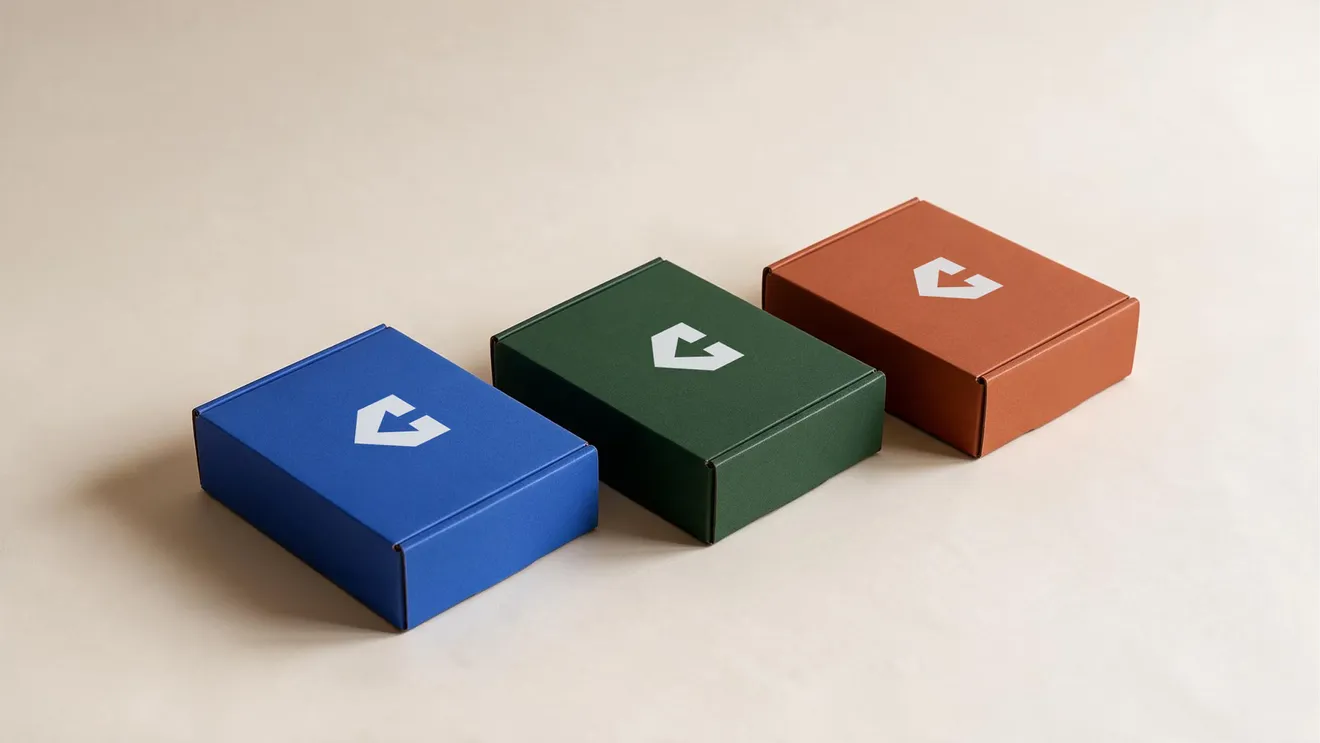 Three mailer boxes in blue, green and terracotta, each printed with the same white CentiPack arrow on the lid.