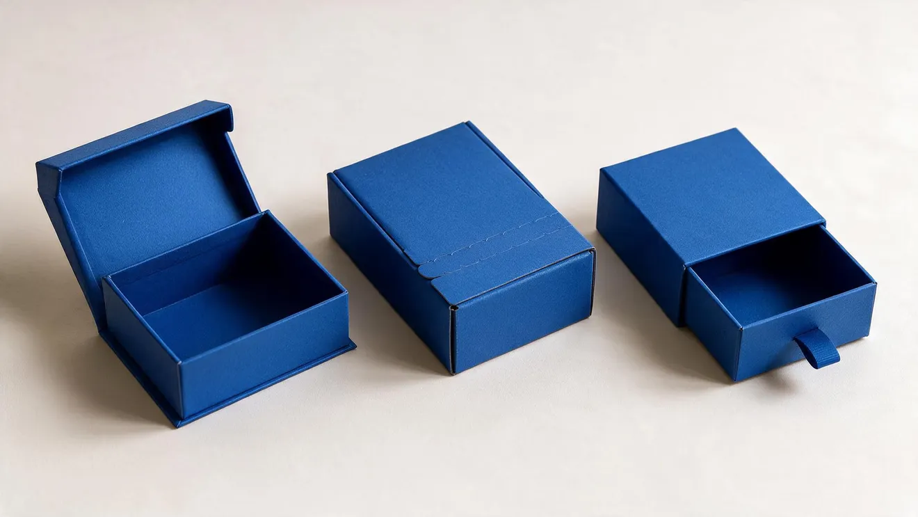 Three blue boxes showing their closures — a magnetic flap folded open, a peel-and-seal tear strip, and a drawer box slid open on its ribbon pull tab.