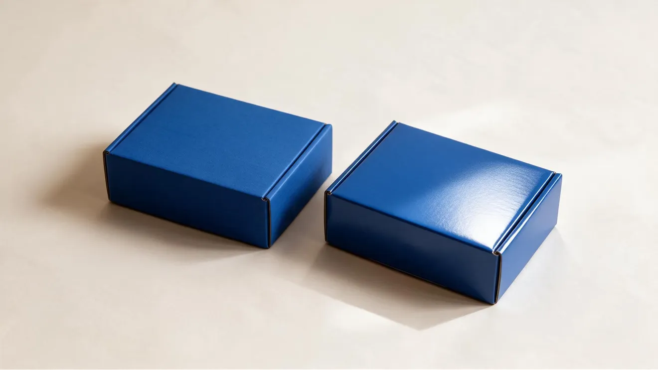 The same blue mailer box photographed twice side by side, one in a matte finish and one in a glossy finish that catches the light.