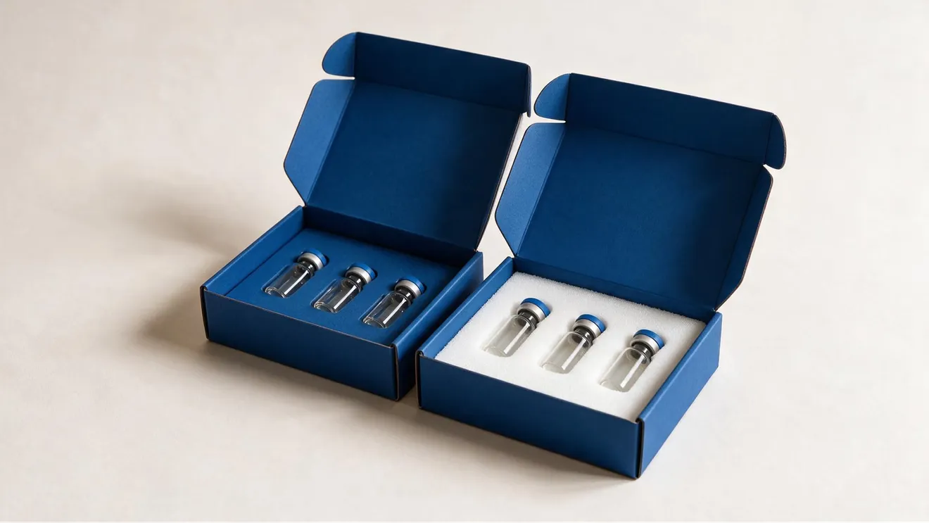 Two open blue boxes side by side, one with a paper insert and one with a white EVA foam insert, each holding three glass vials.