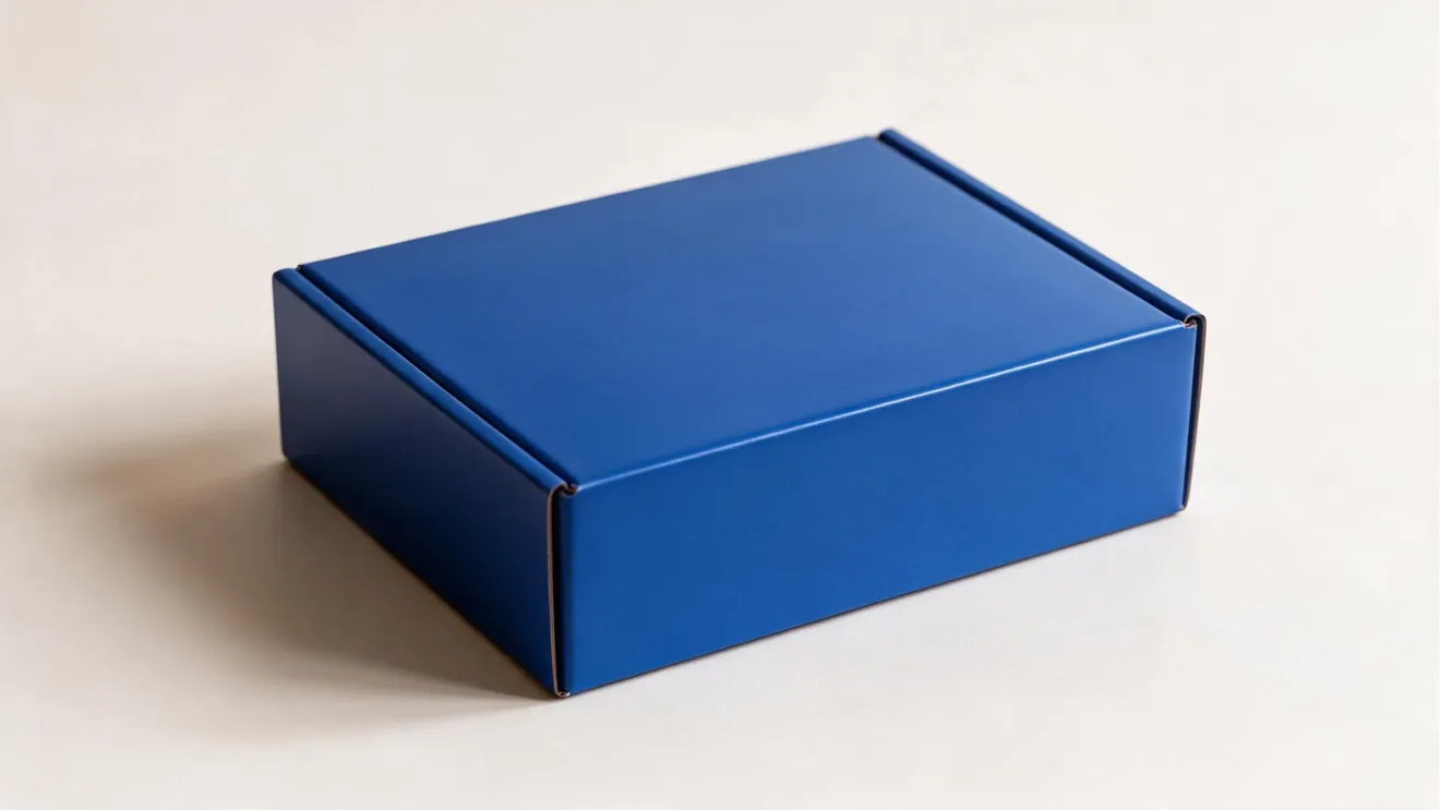 A closed blue mailer box photographed at an angle, its corners and surface unmarked.