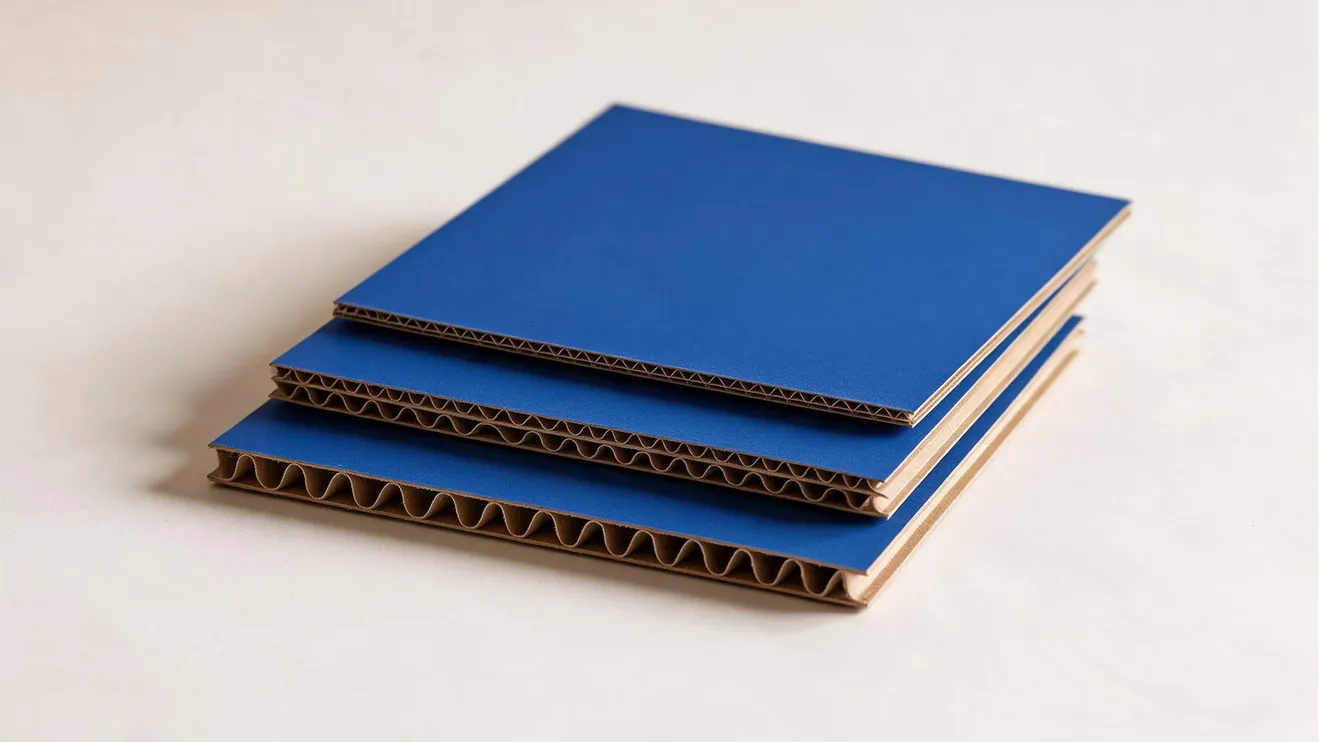 Three blue-faced corrugated board samples stacked and offset so their cut edges show, each with a different flute thickness.