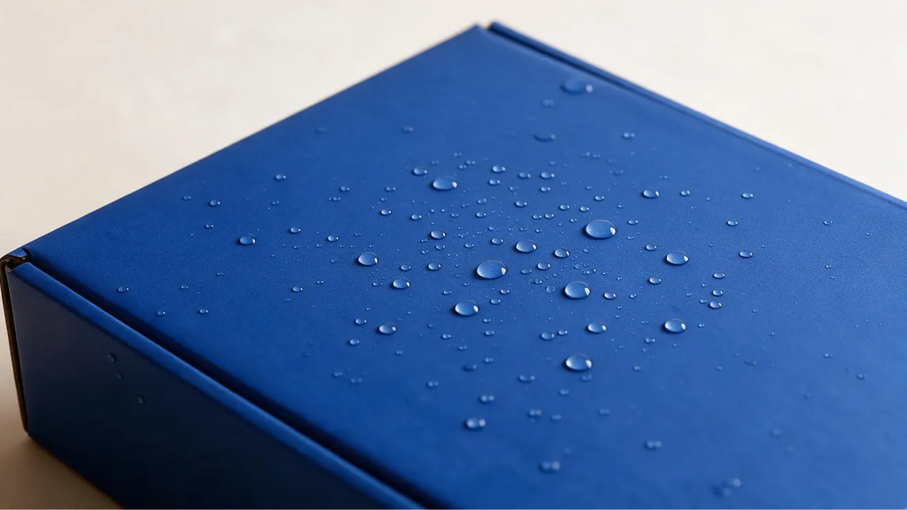 A close view of water droplets beading on the matte blue lid of a coated box.