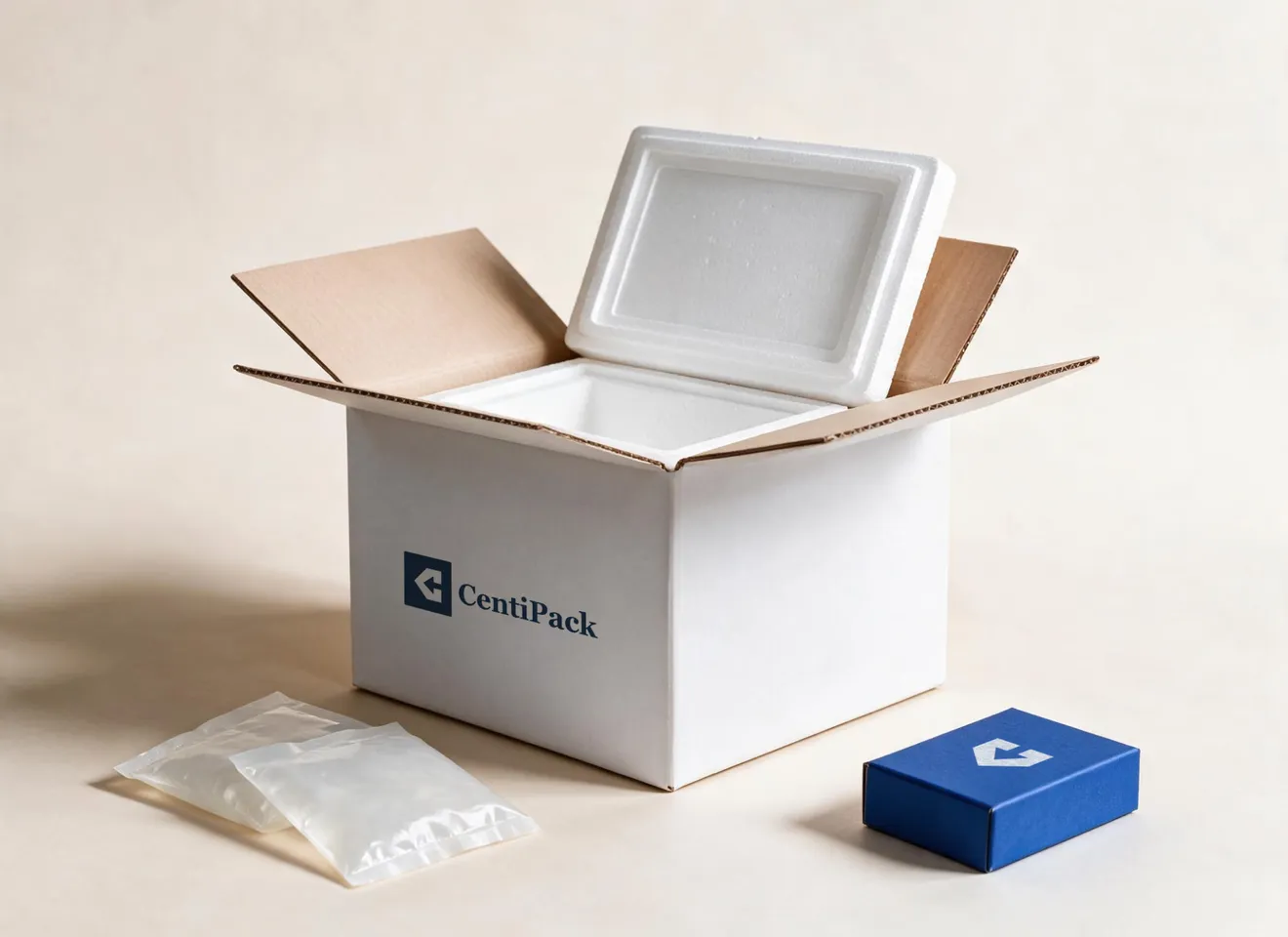 An EPS foam cooler inside a white outer carton printed with the CentiPack logo, its foam lid propped open, with two gel packs and a small navy carton alongside.