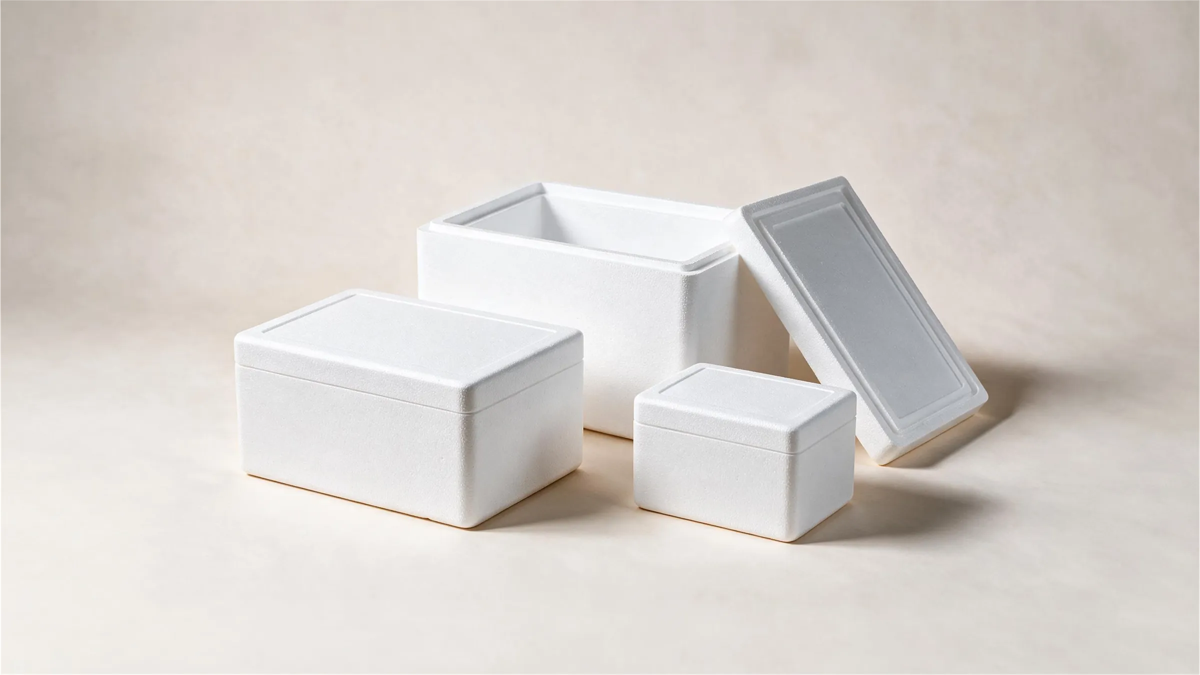Three white EPS foam coolers on a cream ground — two closed with their lids on, and a larger one open behind them with its lid propped alongside.