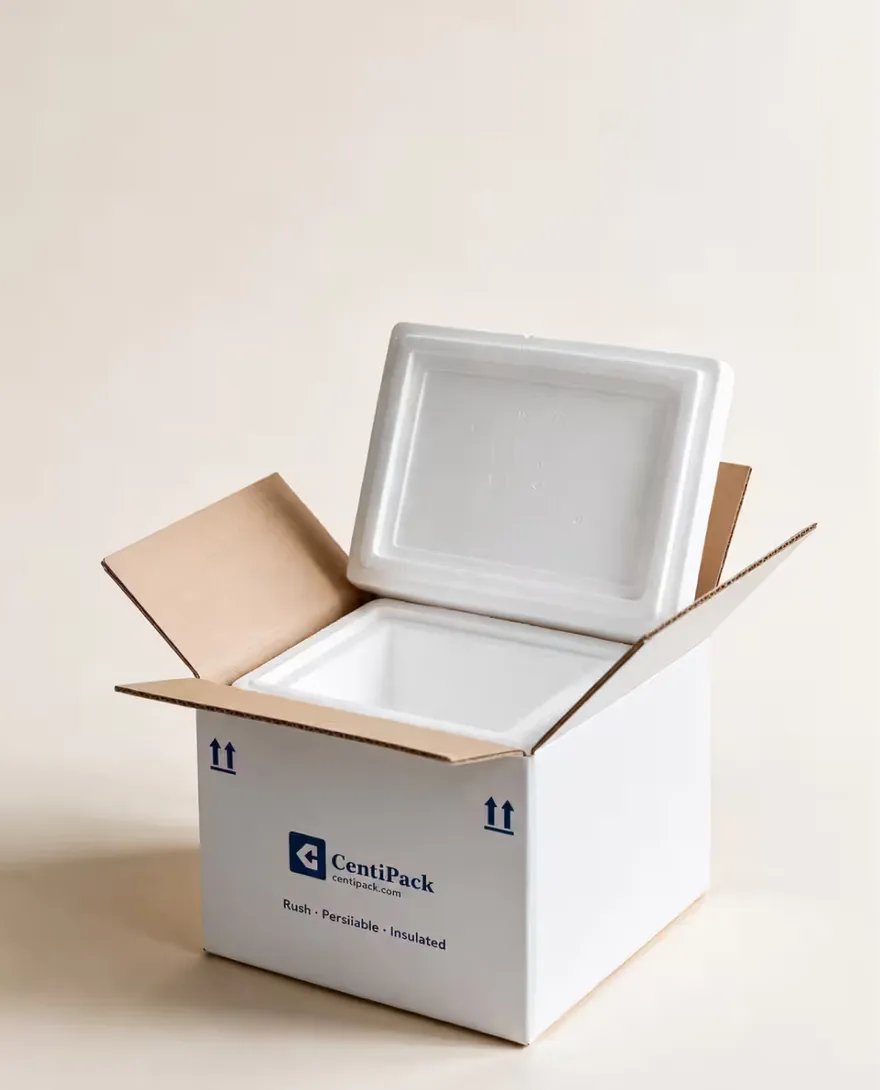 A white EPS foam cooler with its lid lifted, sitting in its corrugated outer carton.