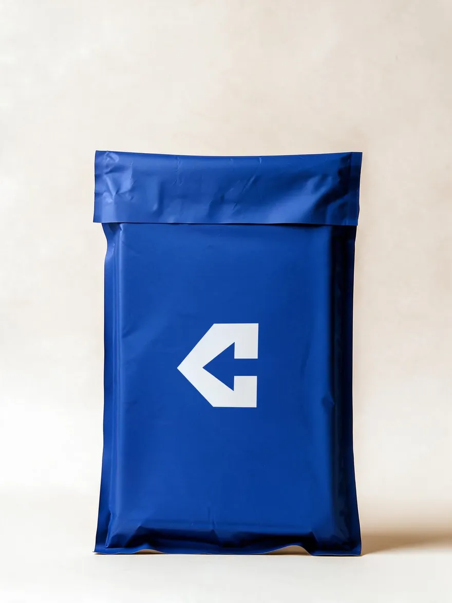 A navy insulated mailer standing upright on a cream ground, printed with a large white CentiPack arrow.