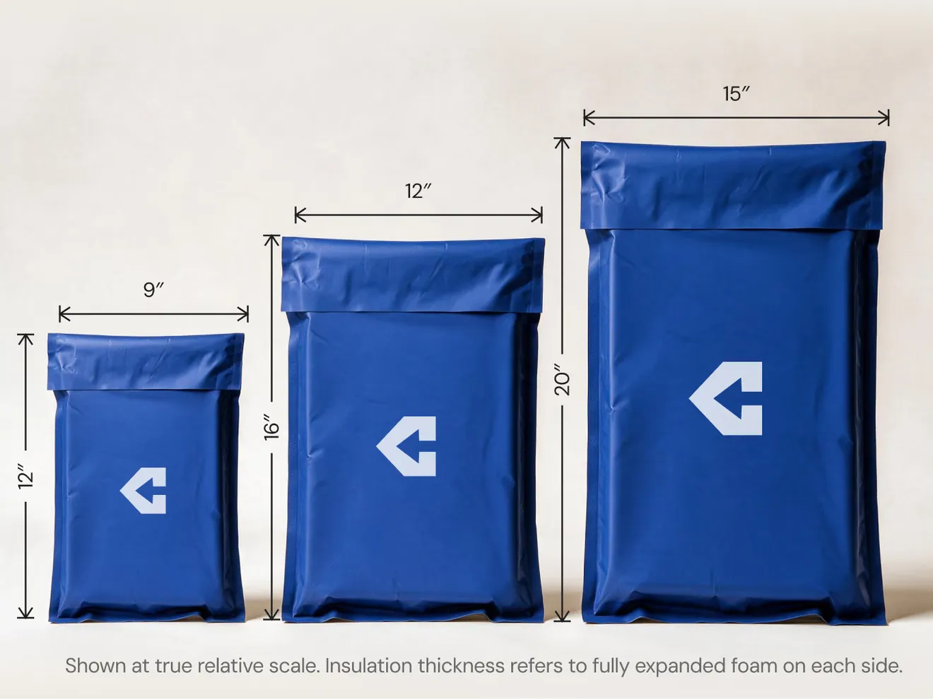 The insulated metallic mailer size range shown at true relative scale: three navy mailers standing expanded, measured 9 by 12, 12 by 16 and 15 by 20 inches.