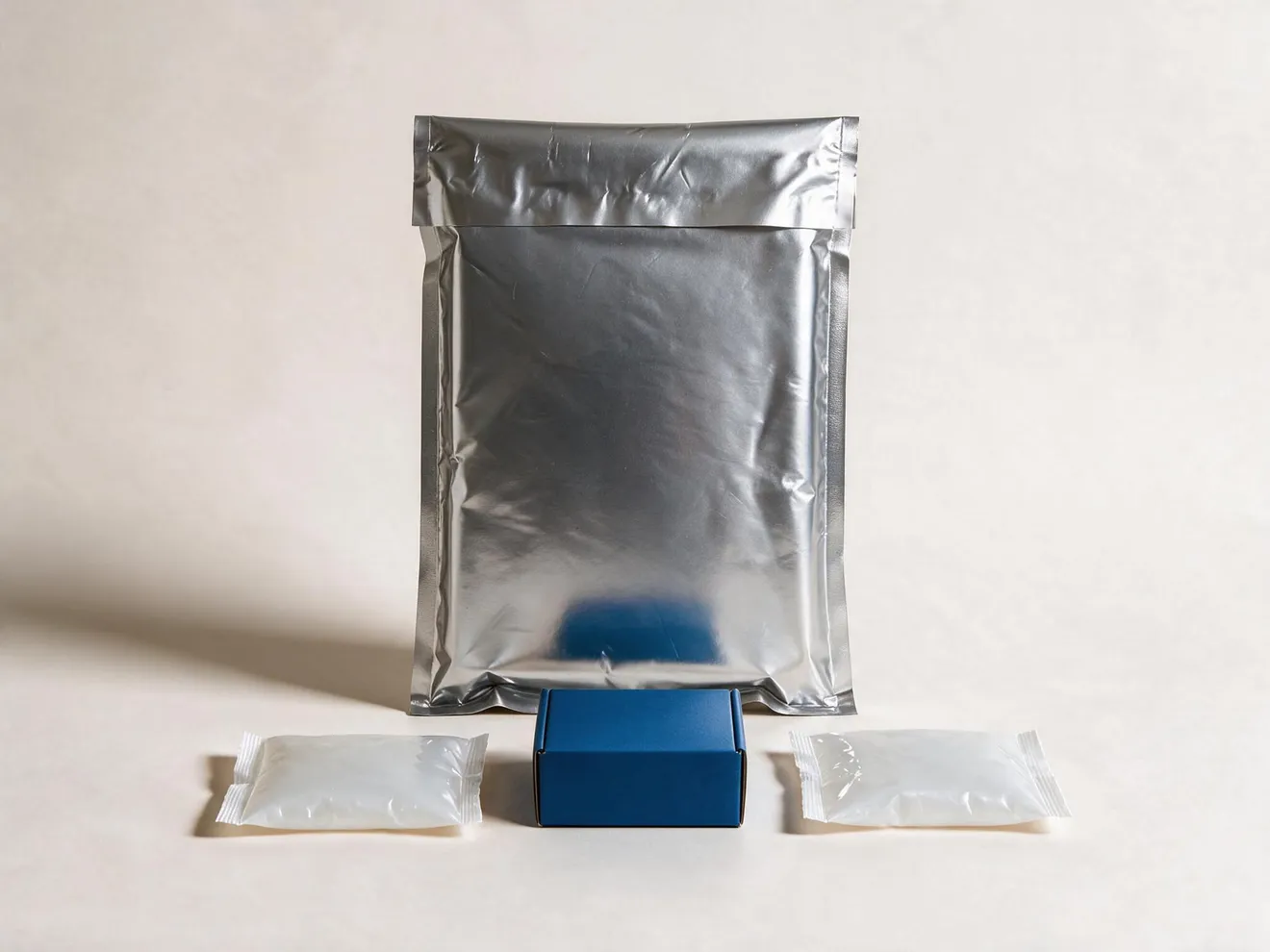 A silver insulated metallic mailer standing behind a complete pack-out — two gel packs flanking a small navy carton.