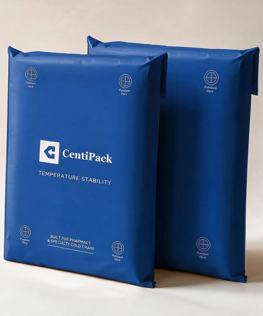 Two expanded PuncturePack mailers standing one behind the other on a cream ground, printed with the CentiPack logo, "Temperature stability" and puncture targets at each corner.