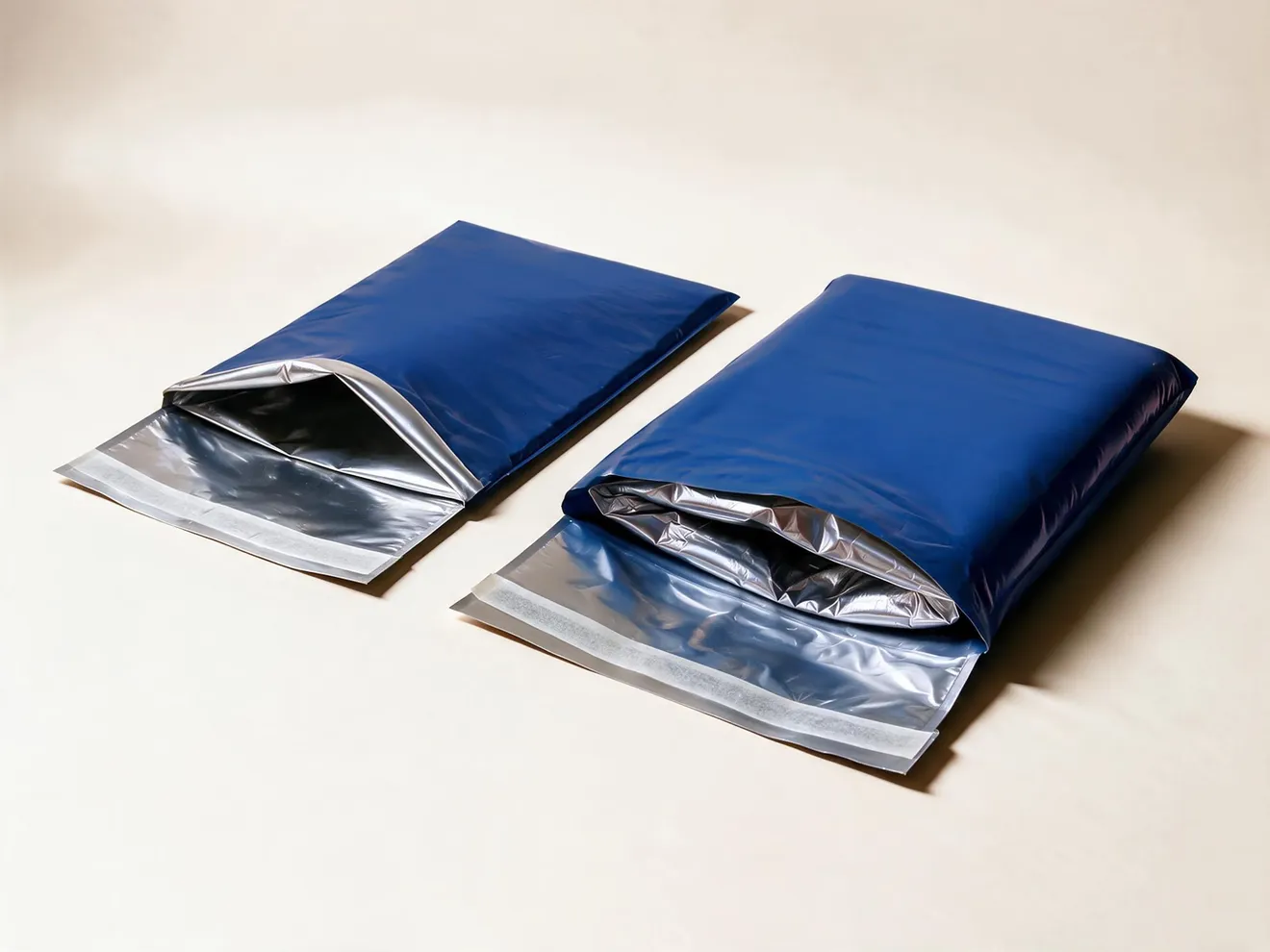 Two navy PuncturePack mailers lying open on a cream ground, flaps folded back to show their silver inner lining — one flat and empty, one expanded with its insulation inside.