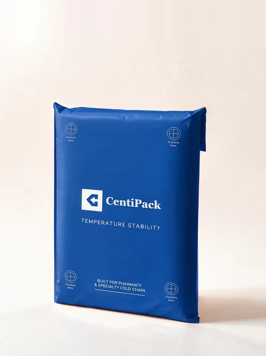 A navy PuncturePack mailer shown front-on, printed with the CentiPack logo, "Temperature stability" and "Built for pharmacy & specialty cold chain", with a puncture target at each of its four corners.