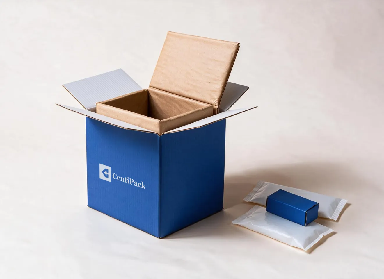 An open blue carton printed with the CentiPack logo, a kraft paper liner fitted inside with its top panel folded back, and two gel packs with a small navy product box alongside.