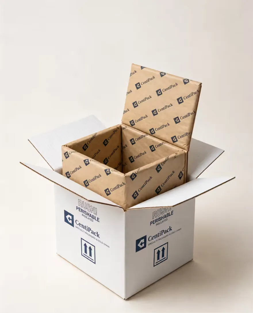 A corrugated box opened to show its kraft paper liner.