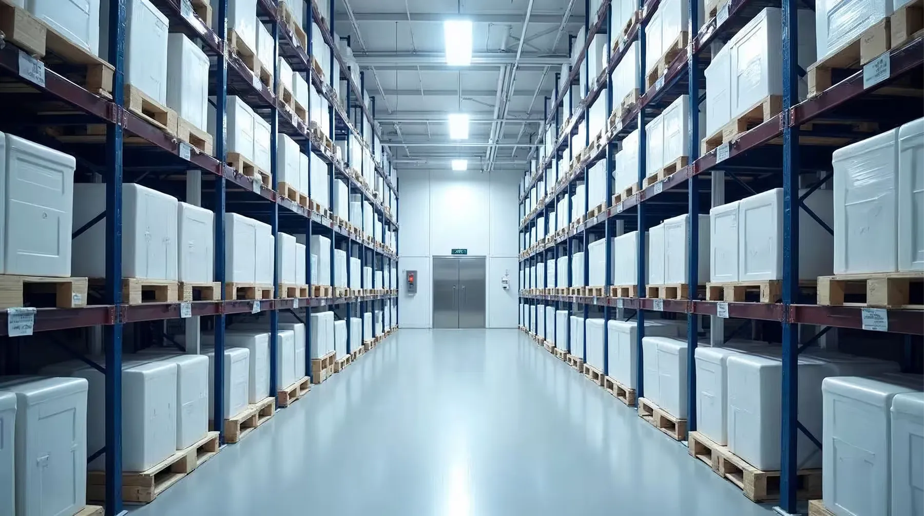 A warehouse aisle racked to the ceiling with EPS foam coolers on pallets.